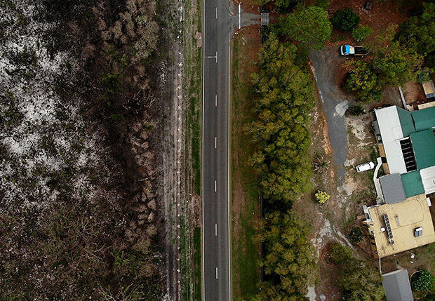 Bushfire damage aerial view